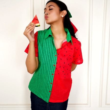 Handcrafted Watermelon Print Cotton Half Sleeve Shirt